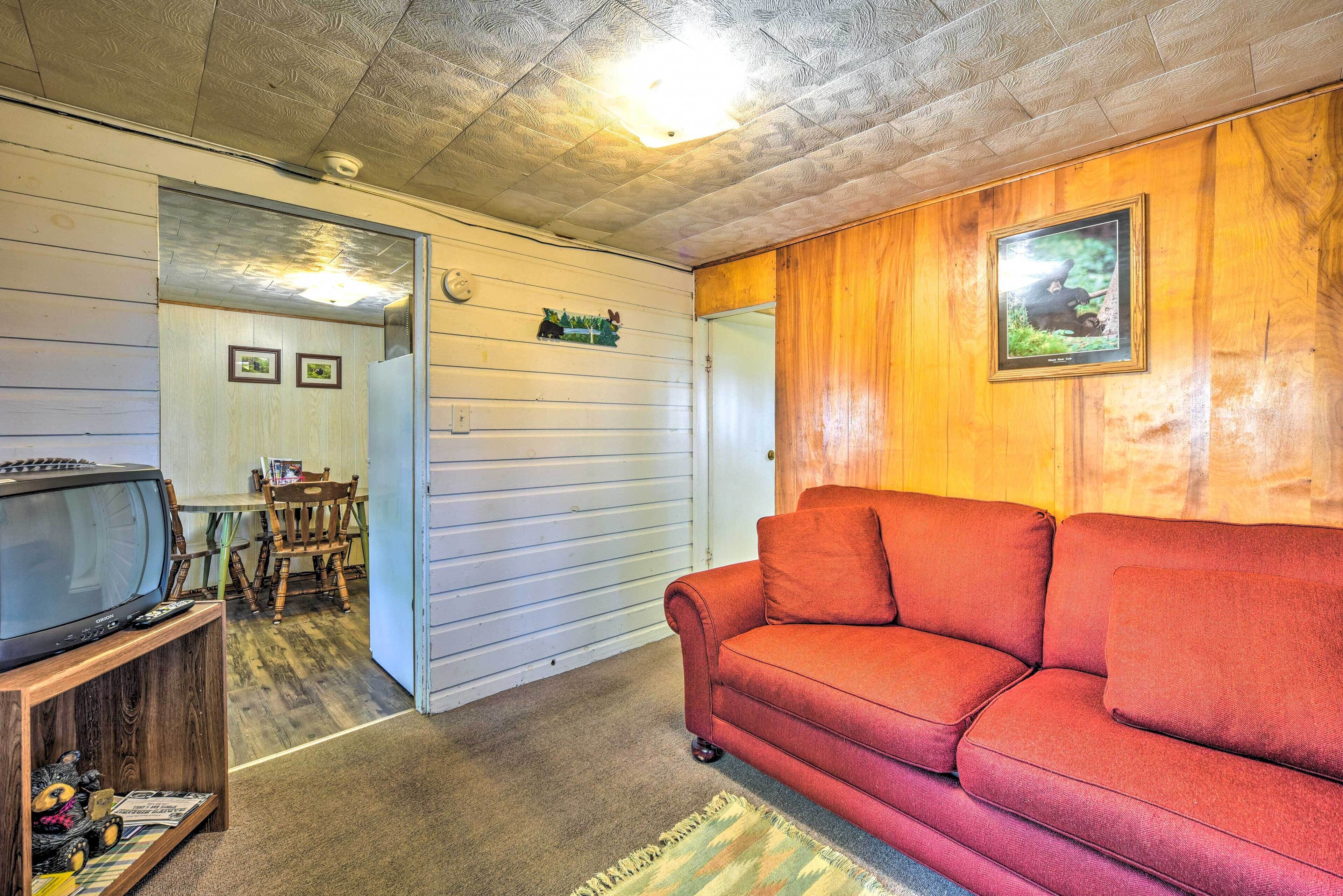 Una sala de estar con un sofá rojo, paredes de madera, un televisor sobre un mueble de madera y un cuadro enmarcado en la pared.