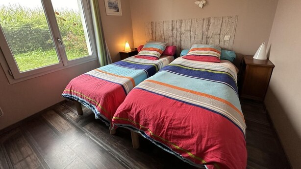 Een slaapkamer met twee bedden, een raam, een nachtkastje met lamp en een decoratie aan de muur.