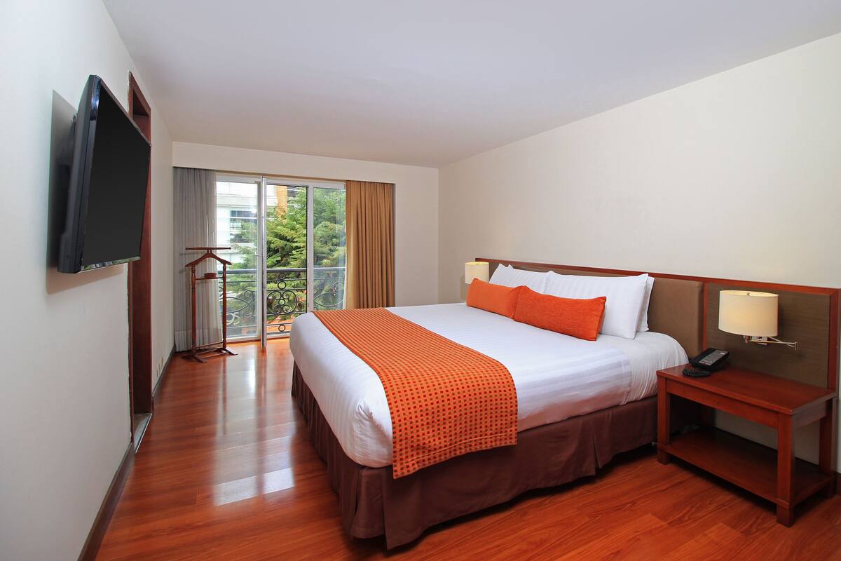 A hotel room with a large bed, a bedside table with a lamp, a TV mounted on the wall, and a balcony with a view of trees.