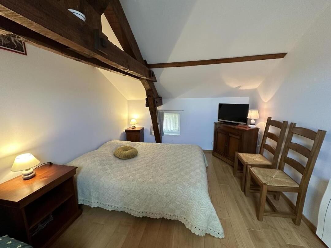 Een gezellige slaapkamer met een bed, houten stoelen, een televisie en een bureau.