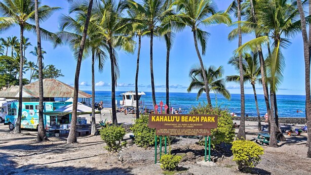 Un panneau indiquant un parc de plage, avec des palmiers et un ciel bleu clair.