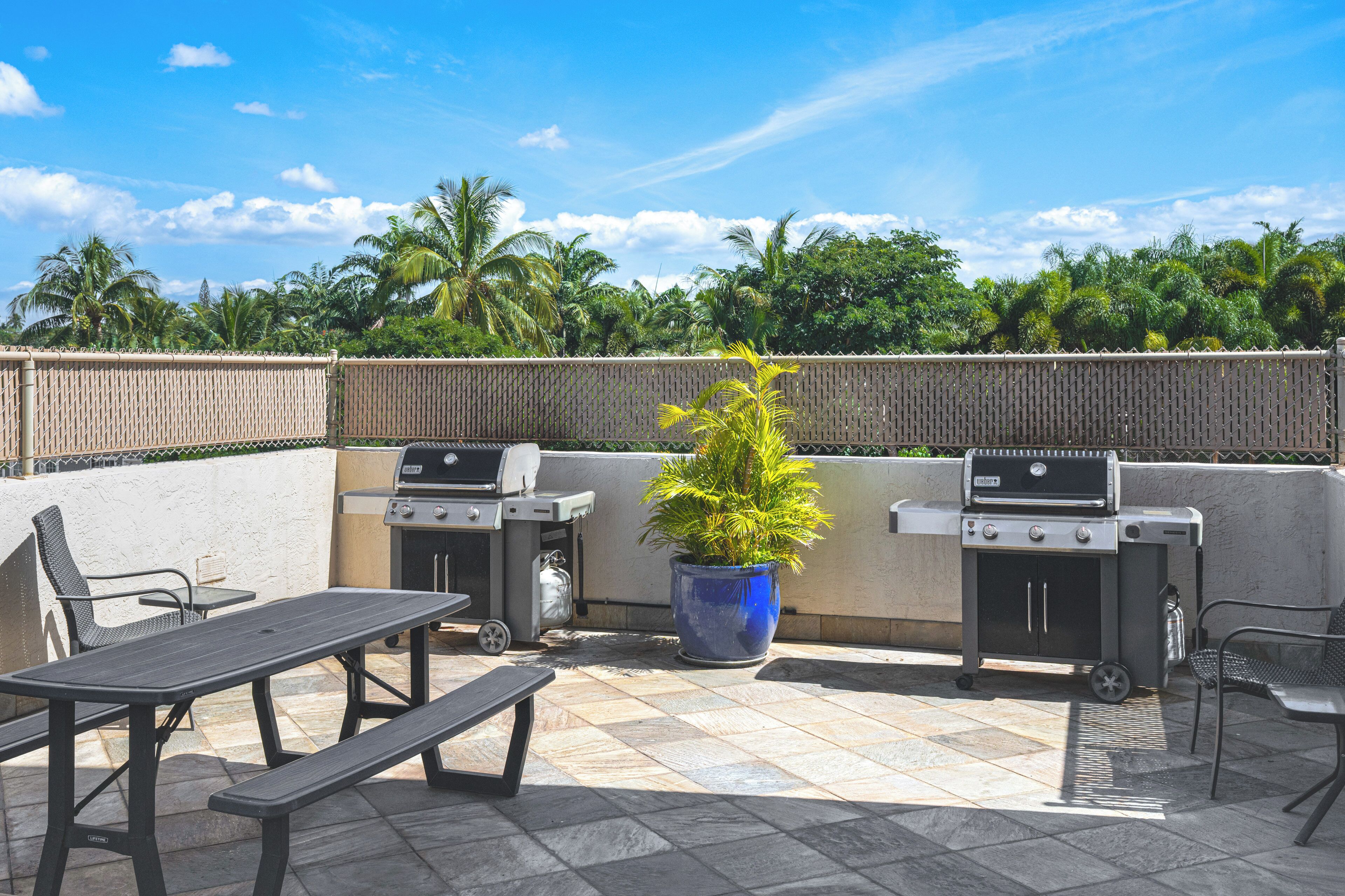 Une terrasse extérieure équipée de deux barbecues, d’une table et de chaises.