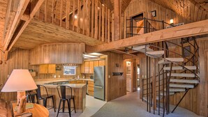 A spacious wooden interior with a kitchen, dining area, and a spiral staircase. - 5 Mi to Heavenly Mountain Resort: All-seasons Gem (South Lake Tahoe)