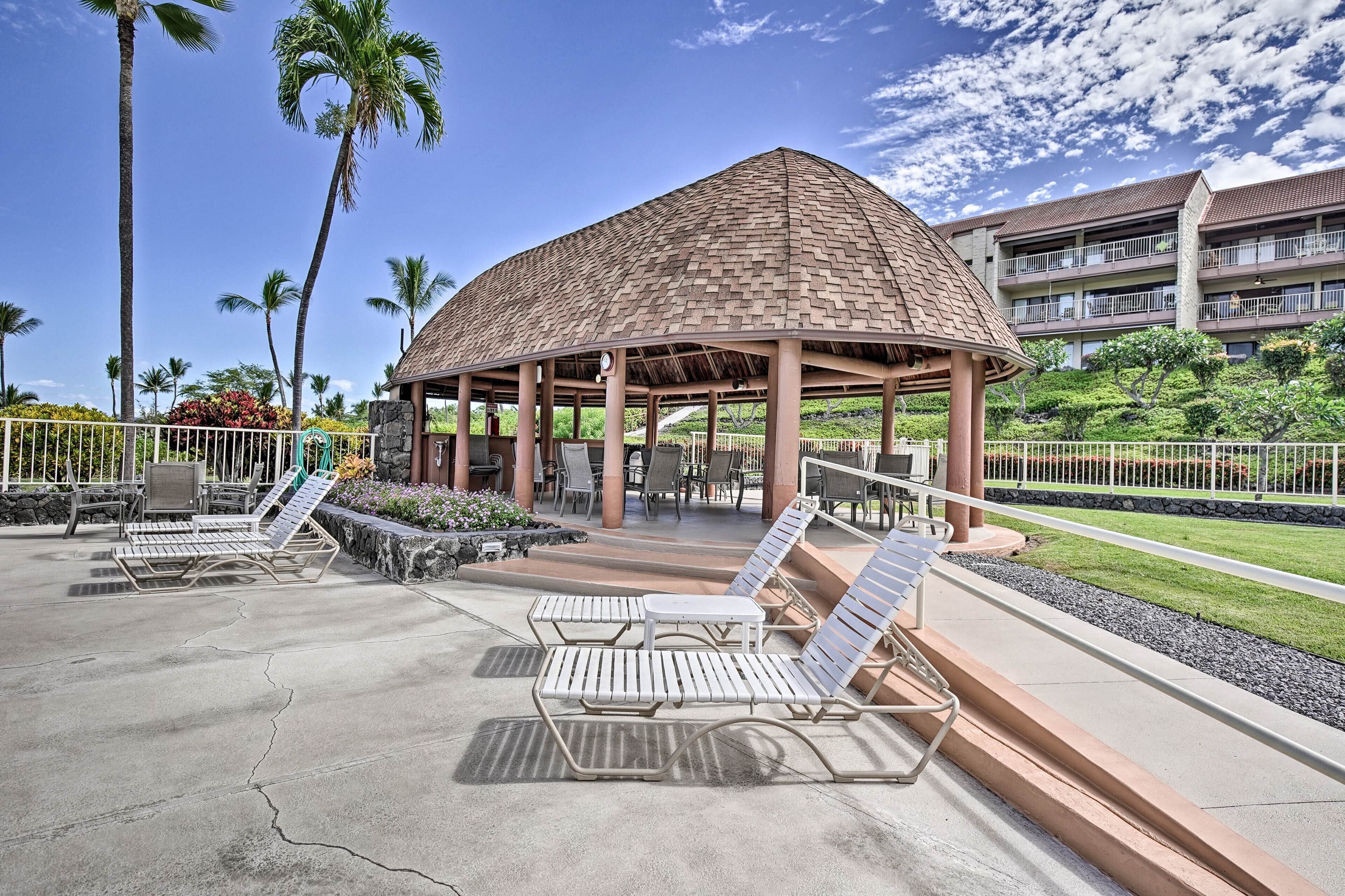 A covered pavilion with lounge chairs and tables, surrounded by palm trees and a well-maintained lawn.