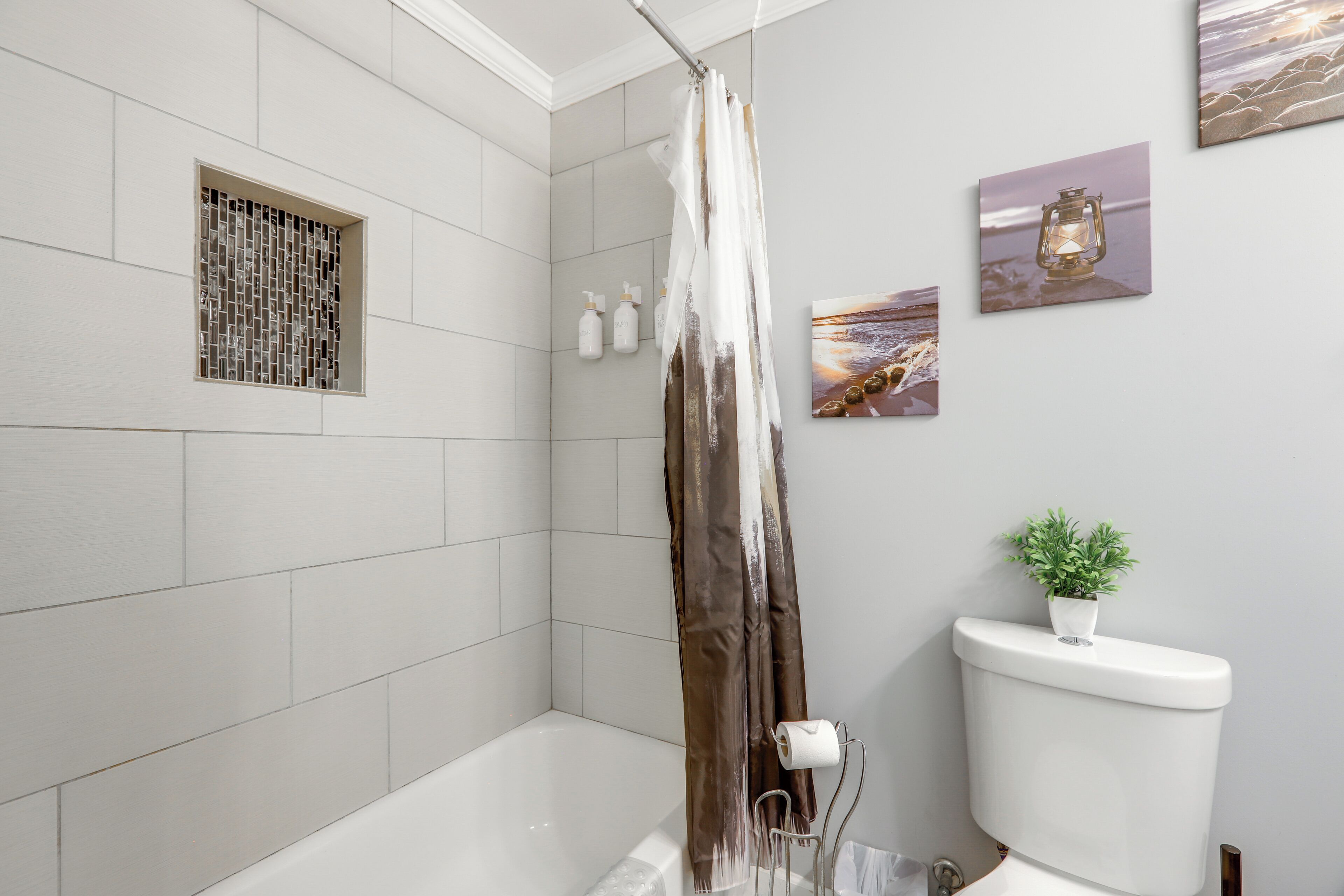 A bathroom with a shower curtain, toilet, and a small potted plant.