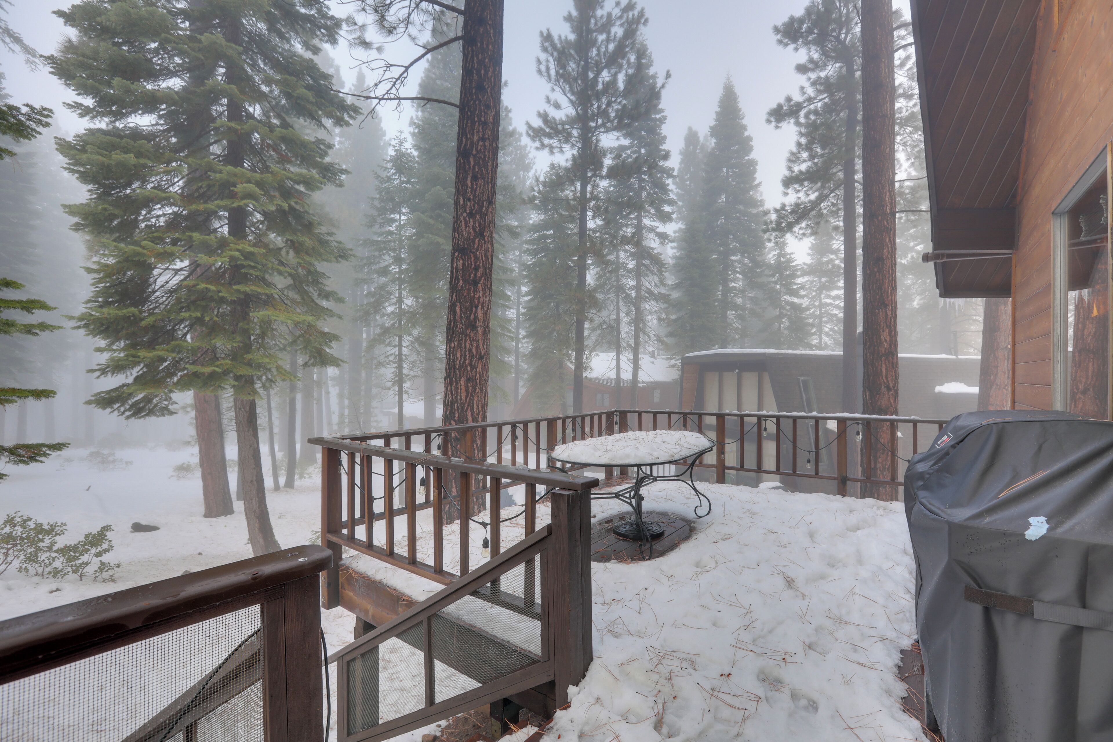A wooden deck with a metal railing, a covered grill, and a snow-covered ground with trees in the background.
