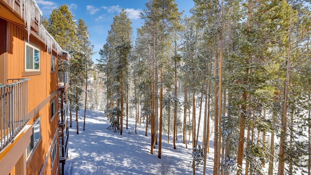 A wooden building with a balcony, surrounded by tall, snow-covered trees. - Colorado Ski Condo in the Heart of Winter Park (Winter Park)