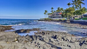 A coastal hotel with a rocky shoreline, palm trees, and ocean views. - Kailua-kona Studio - Walk to Hale Halawai Park! (Kailua-Kona)