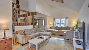 TV, fireplace, books