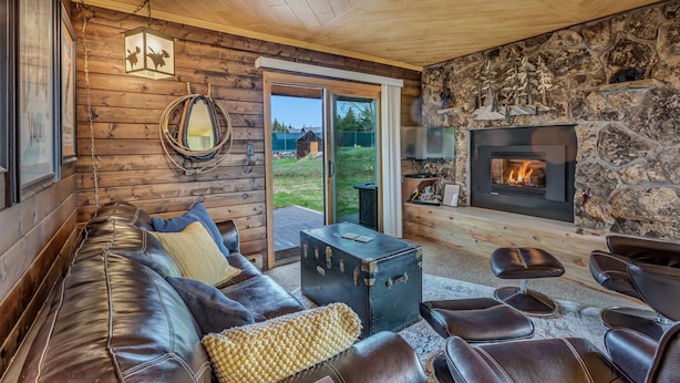 A cozy cabin interior with a leather sofa, a stone fireplace, and a view of the outdoors.