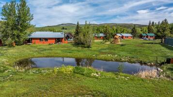 A rural setting with a pond, green fields, and several cabins with metal roofs.