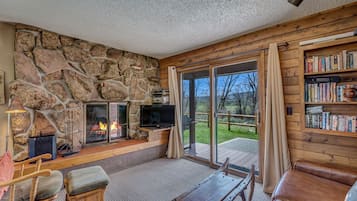 Smart TV, fireplace, DVD player, books