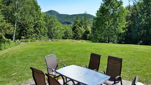 A patio with a table and chairs, surrounded by a grassy area and trees, with a mountain in the background. - Chester Farmhouse on 100 Acres, 15 Min to Okemo! (Chester)