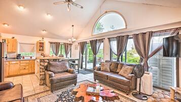 TV, fireplace, books