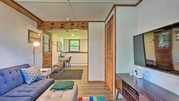 TV, fireplace, books