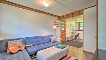 TV, fireplace, books