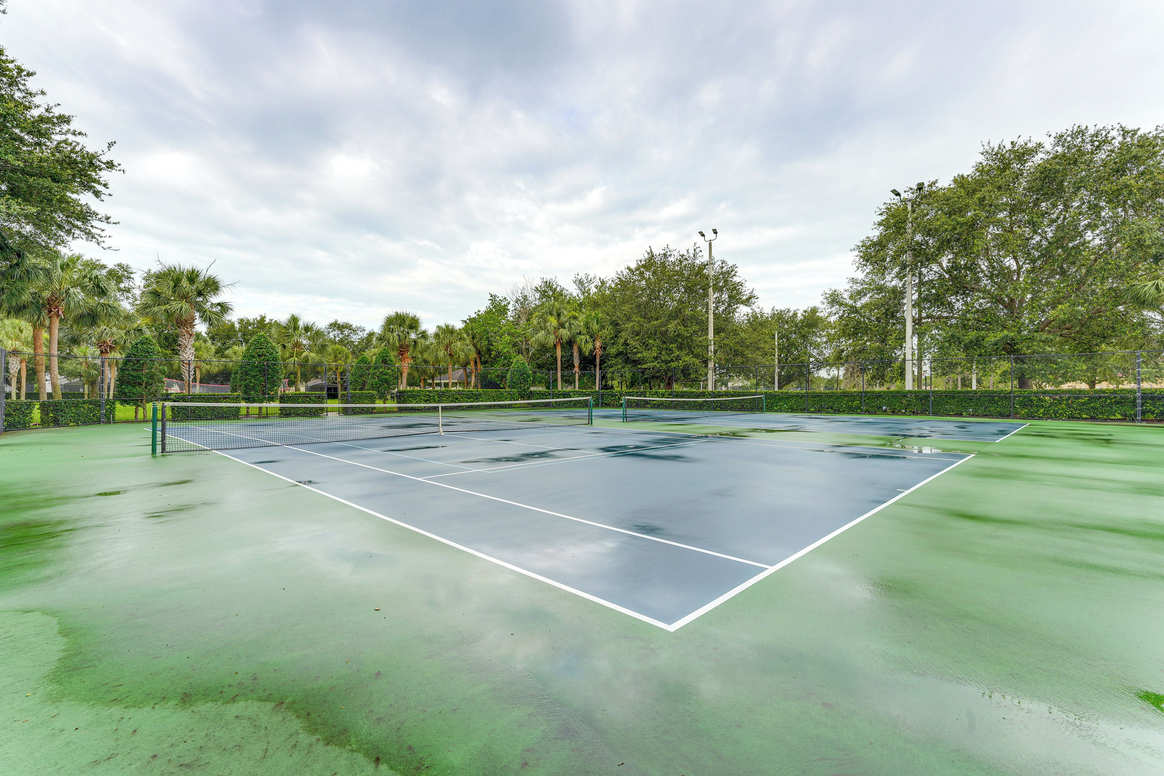 Un court de tennis extérieur doté d’une surface verte, entouré d’arbres et d’une clôture.
