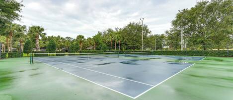 Un court de tennis extérieur doté d’une surface verte, entouré d’arbres et d’une clôture.