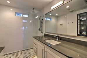 House (2 Bedrooms) | Bathroom | Shower - Updated Beach House w/ Private Beach + Hot Tub! (Galveston)
