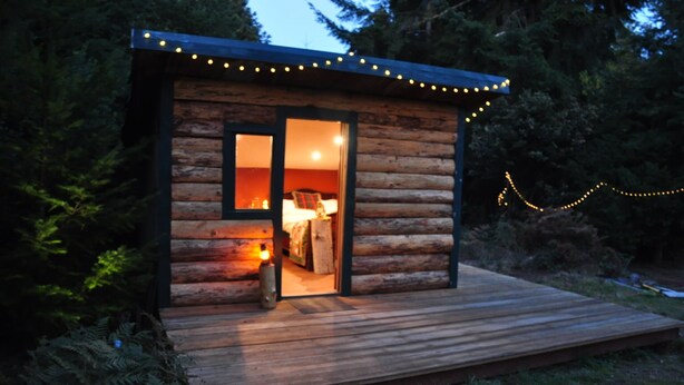 A log cabin with a wooden deck, a visible interior with a bed and a lit fireplace, surrounded by trees.