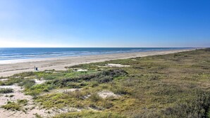 Ein Strand mit blauem Himmel, sandigem Ufer und grasbewachsenen Dünen.