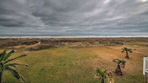 A grassy area with palm trees and a view of the ocean under a cloudy sky.