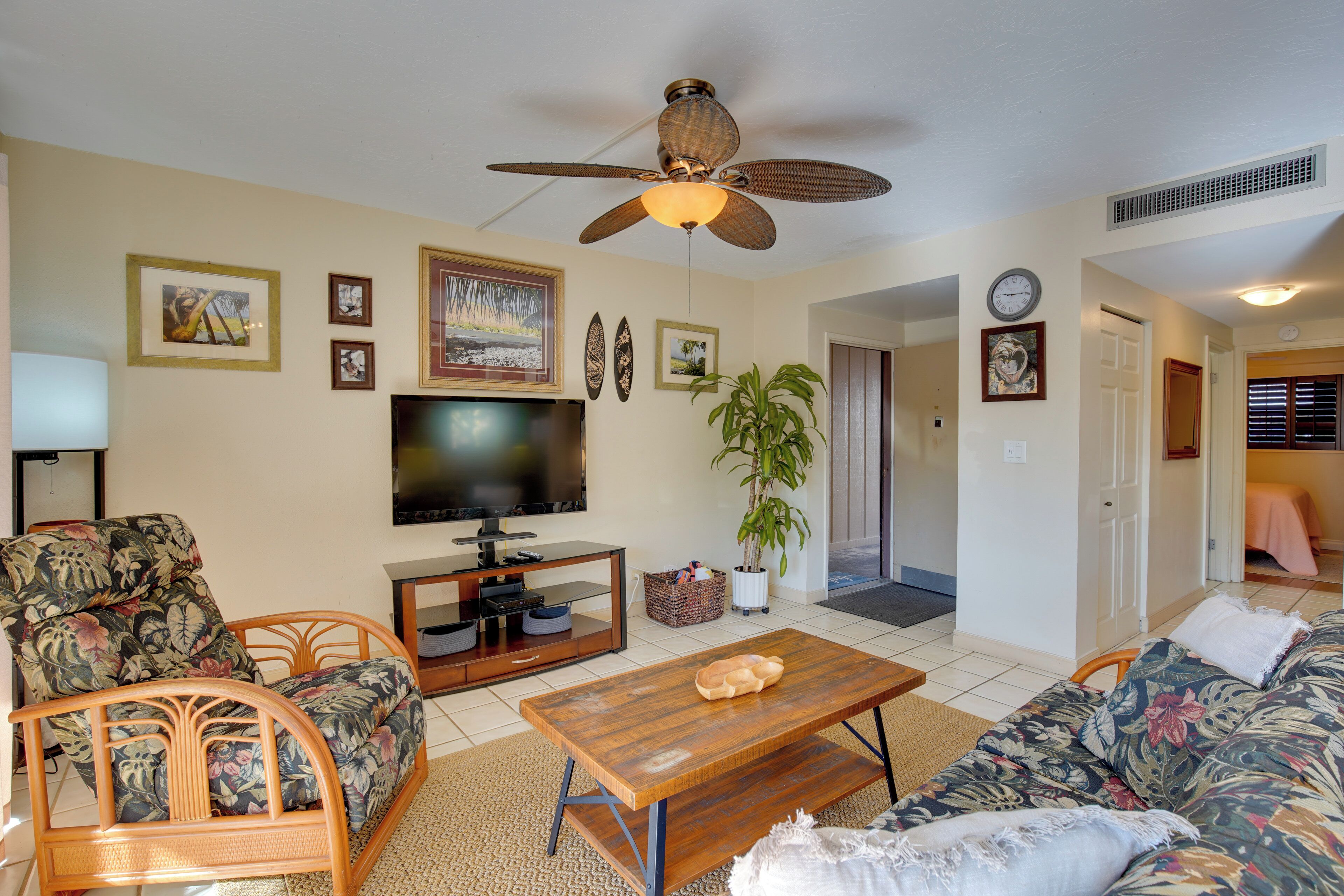 A living room with a television, a ceiling fan, a sofa, a coffee table, and a plant.