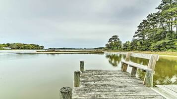 A wooden pier extending into a calm body of water, surrounded by dense greenery and trees.