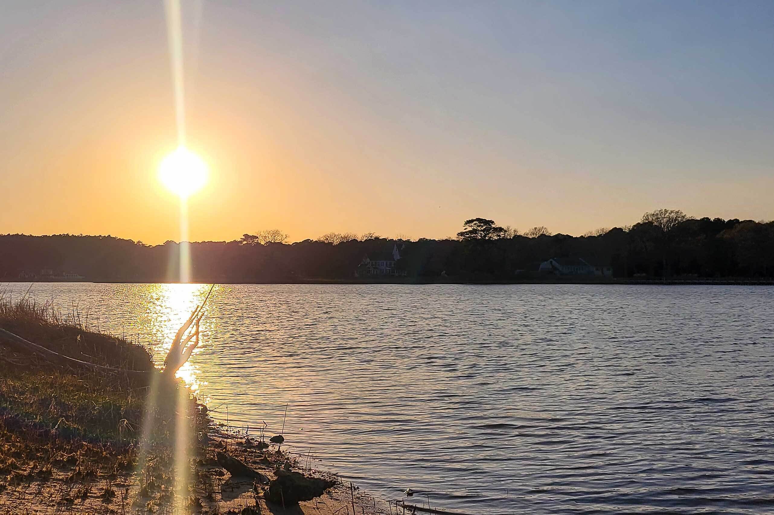 Een zonsondergang boven kalm water, met een grasachtige oever en bomen op de achtergrond.