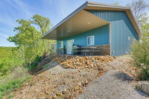 House (2 Bedrooms) | Front of property - Grill & Fire Pit: Blue Cabin Ozarks Getaway! (Camdenton)