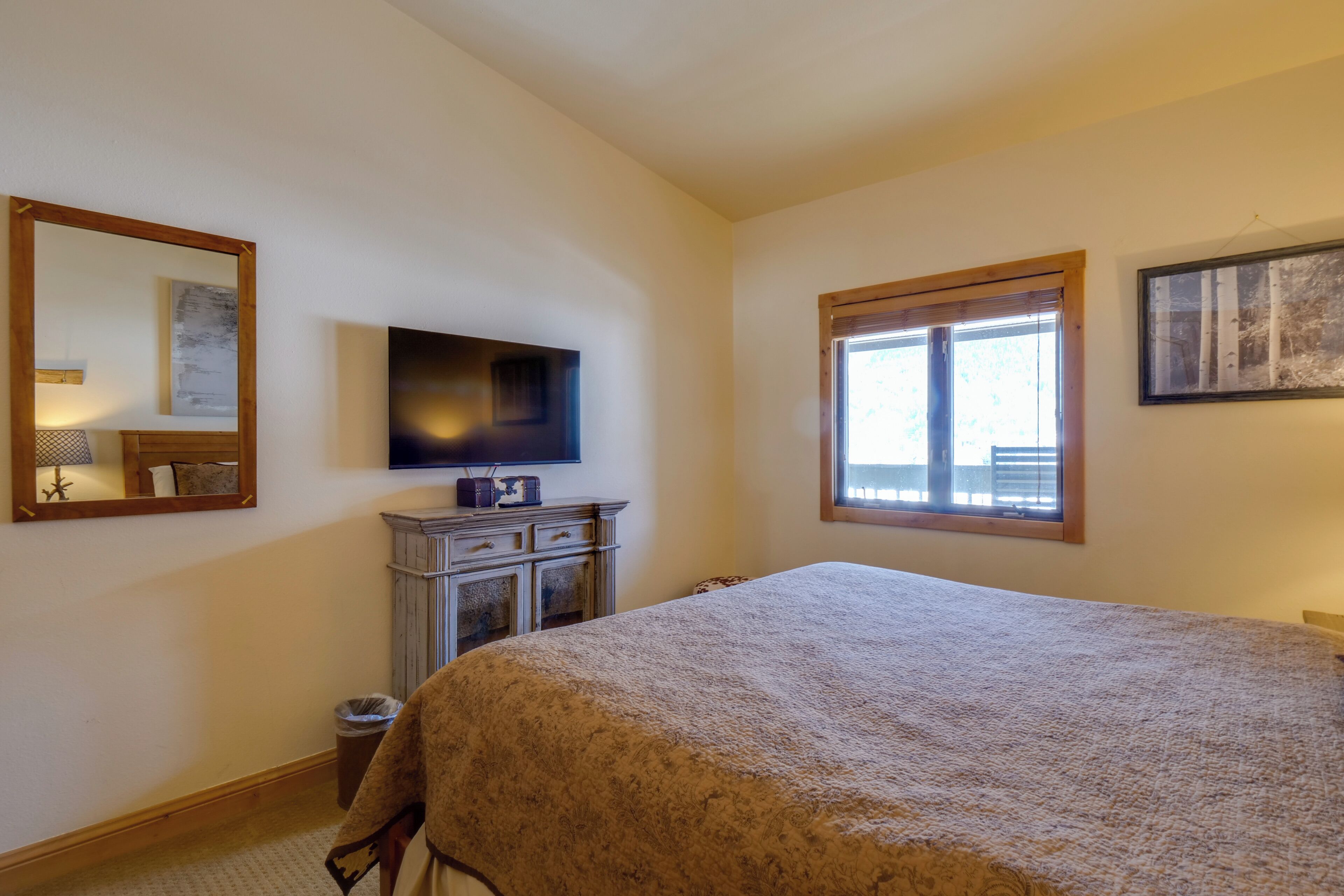 A bedroom with a large bed, a television on a dresser, a window with blinds, and a framed picture on the wall.