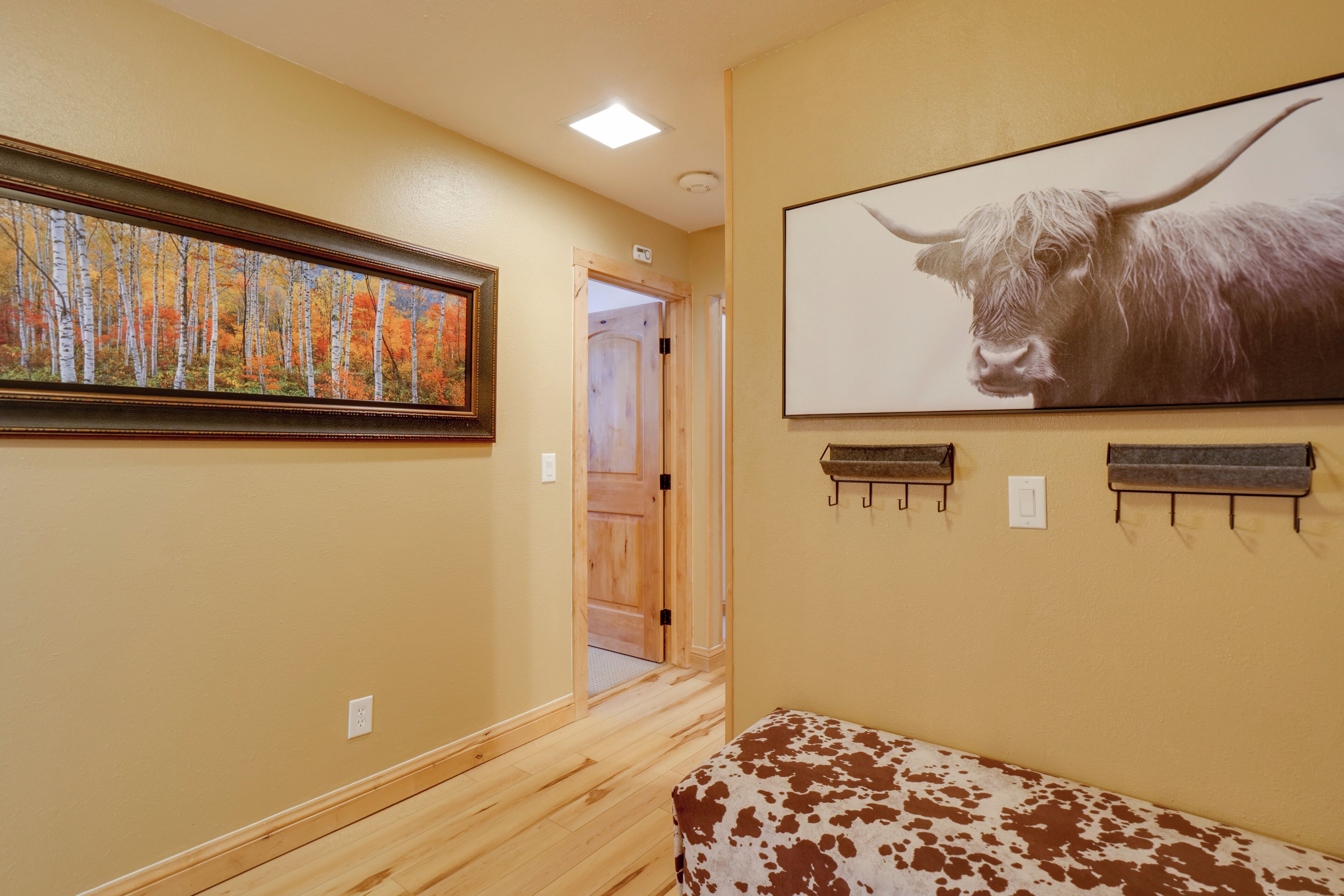 A hallway with a framed painting of a forest, a mounted bull head, and a bench with a cow print design.