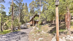 A lodge surrounded by tall pine trees, with a wooden walkway leading to the entrance. - Spacious Lake Arrowhead Cabin w/ Jacuzzi Spa! (Lake Arrowhead)