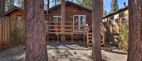 A cabin with a wooden deck, surrounded by tall pine trees.