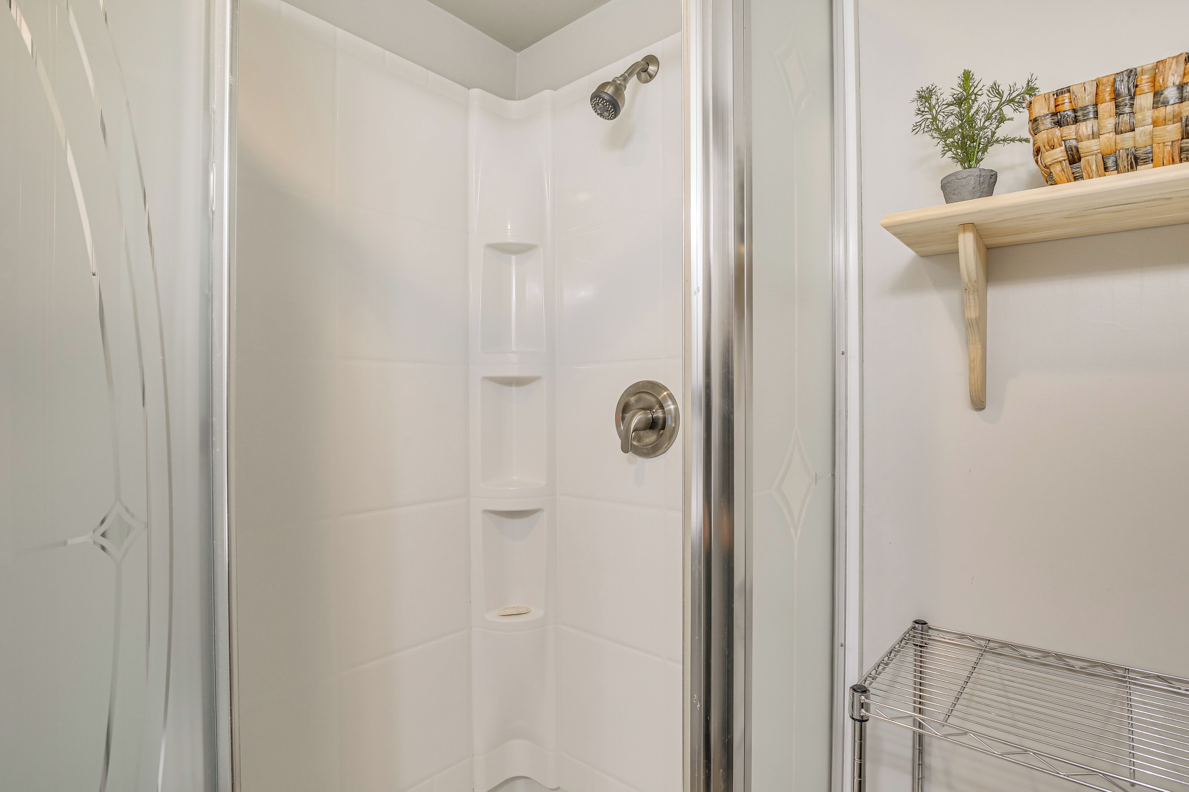 Eine Dusche mit Glastür, ein Holzregal mit Pflanze und ein Metallregal.