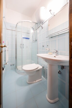 Shower, jetted tub, hair dryer, bathrobes