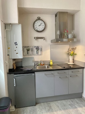 A compact kitchen with a built-in dishwasher, a stainless steel sink, and a clock on the wall. - ALBI-SUITE: Apartment in the heart of the city with free, private parking (Albi)