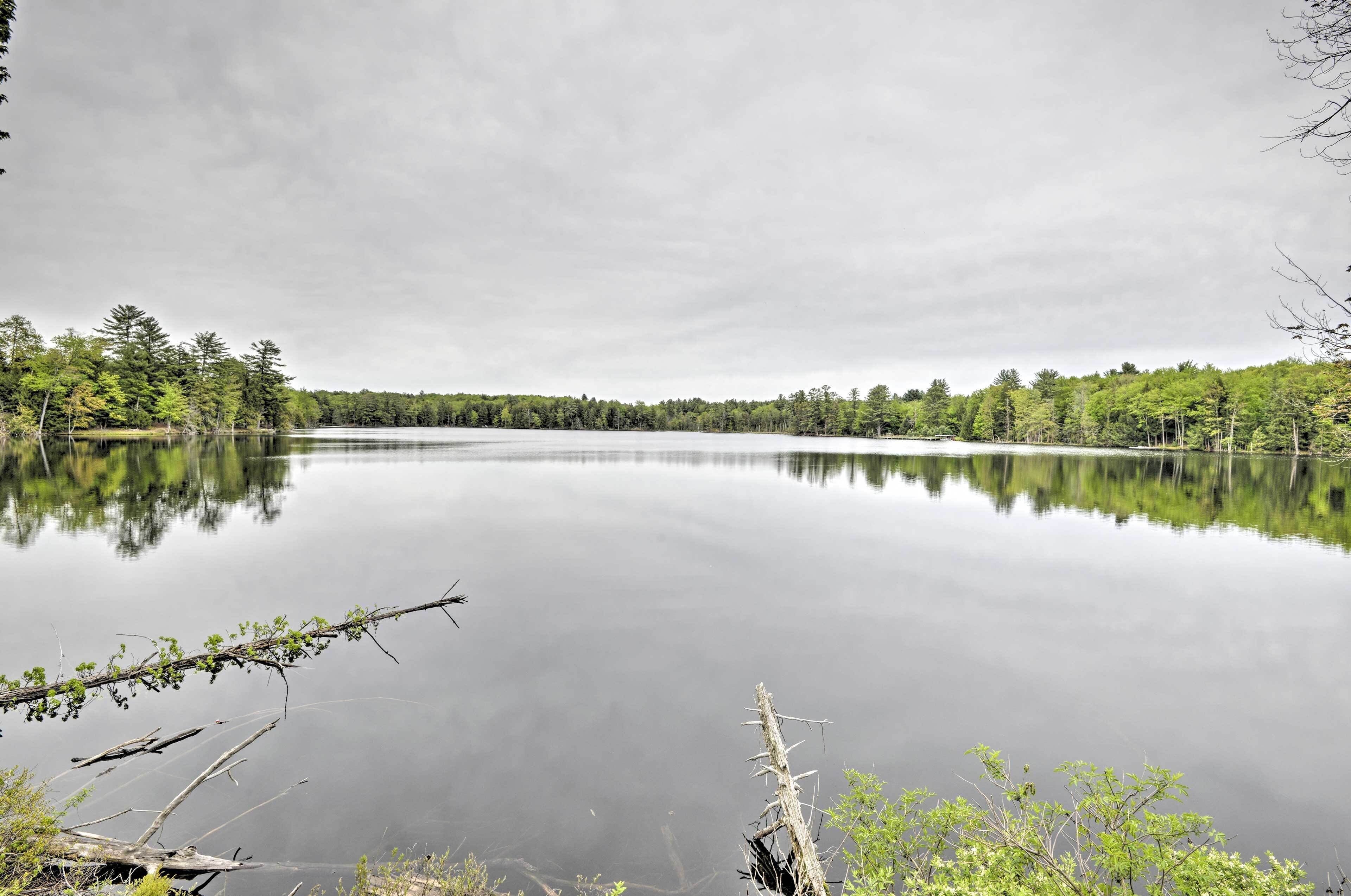 A calm lake with a forested shoreline and a cloudy sky.