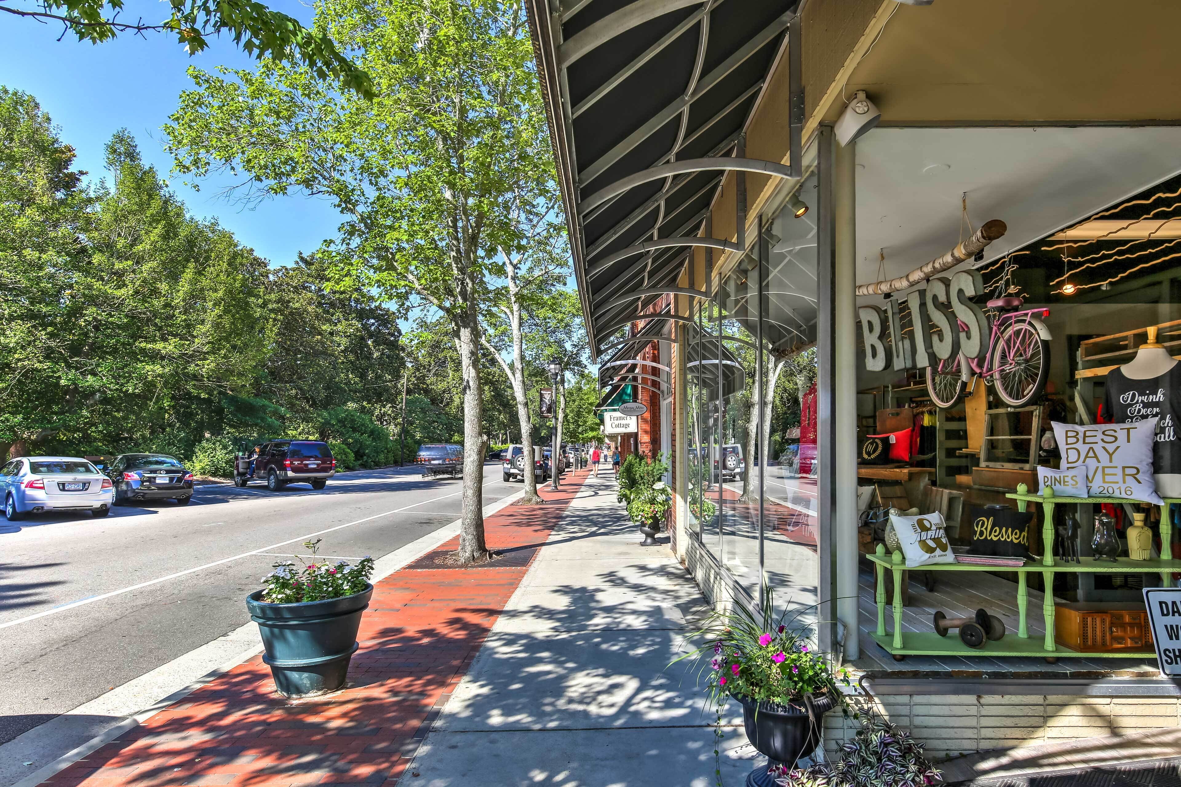 A storefront with a bicycle, potted plants, and a sign that reads "BLISS".