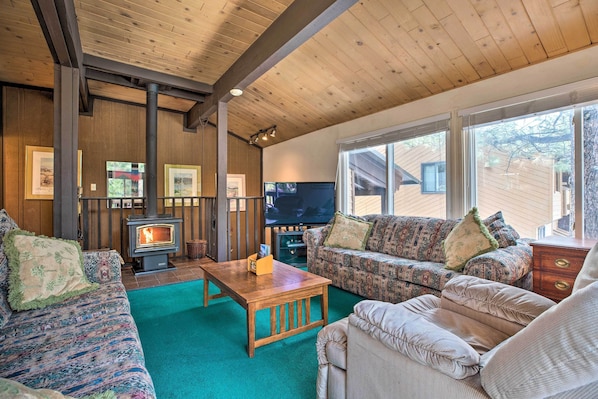 TV, fireplace, books