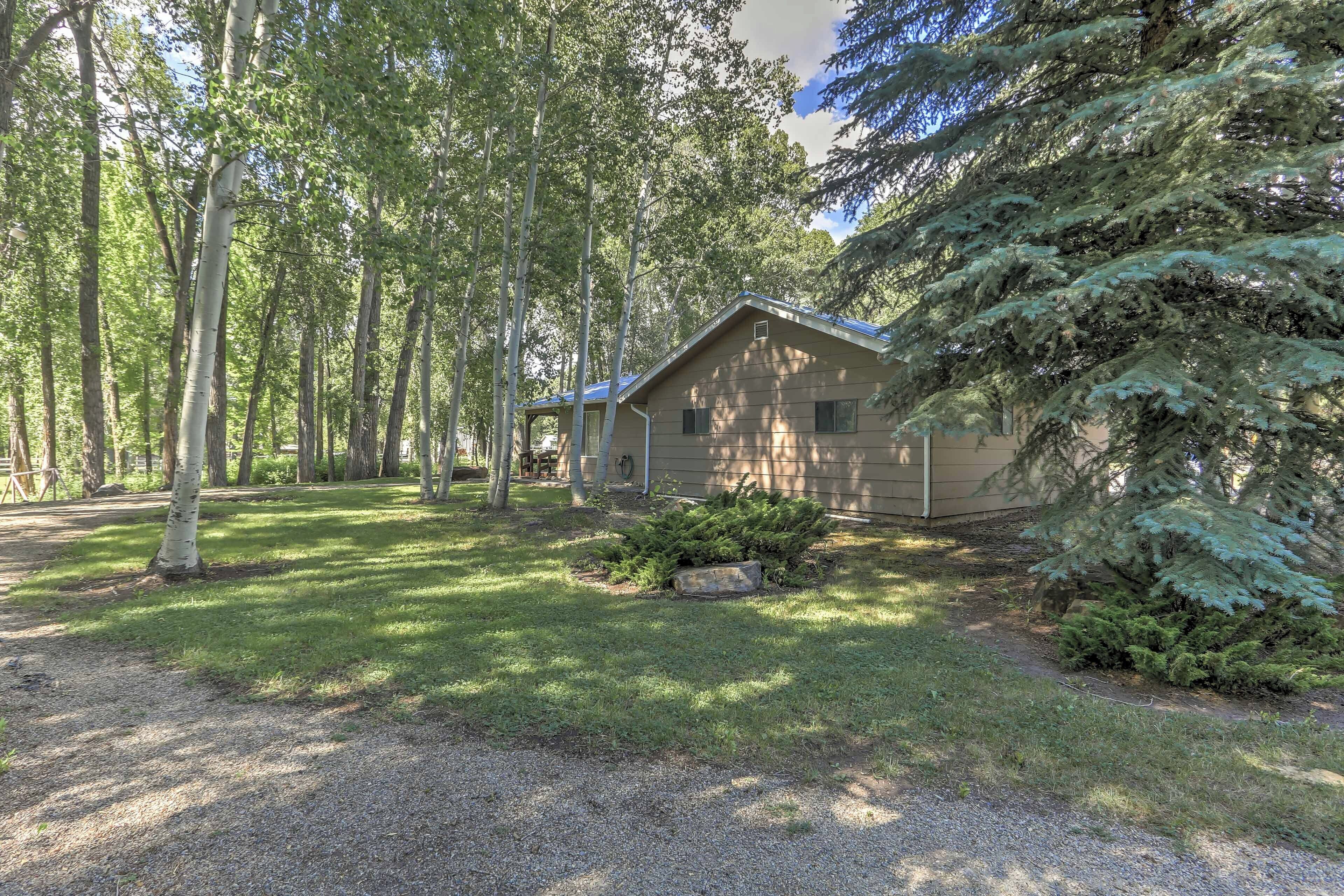 Une cabane dotée d’un toit en pente, entourée d’une zone boisée avec de grands arbres et une pelouse bien entretenue.
