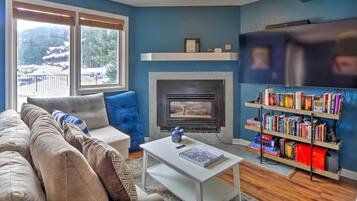 A living room with a sofa, a fireplace, a bookshelf, and a TV.