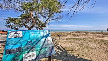 A historical shipwreck information sign by the beach with a tree in the foreground.