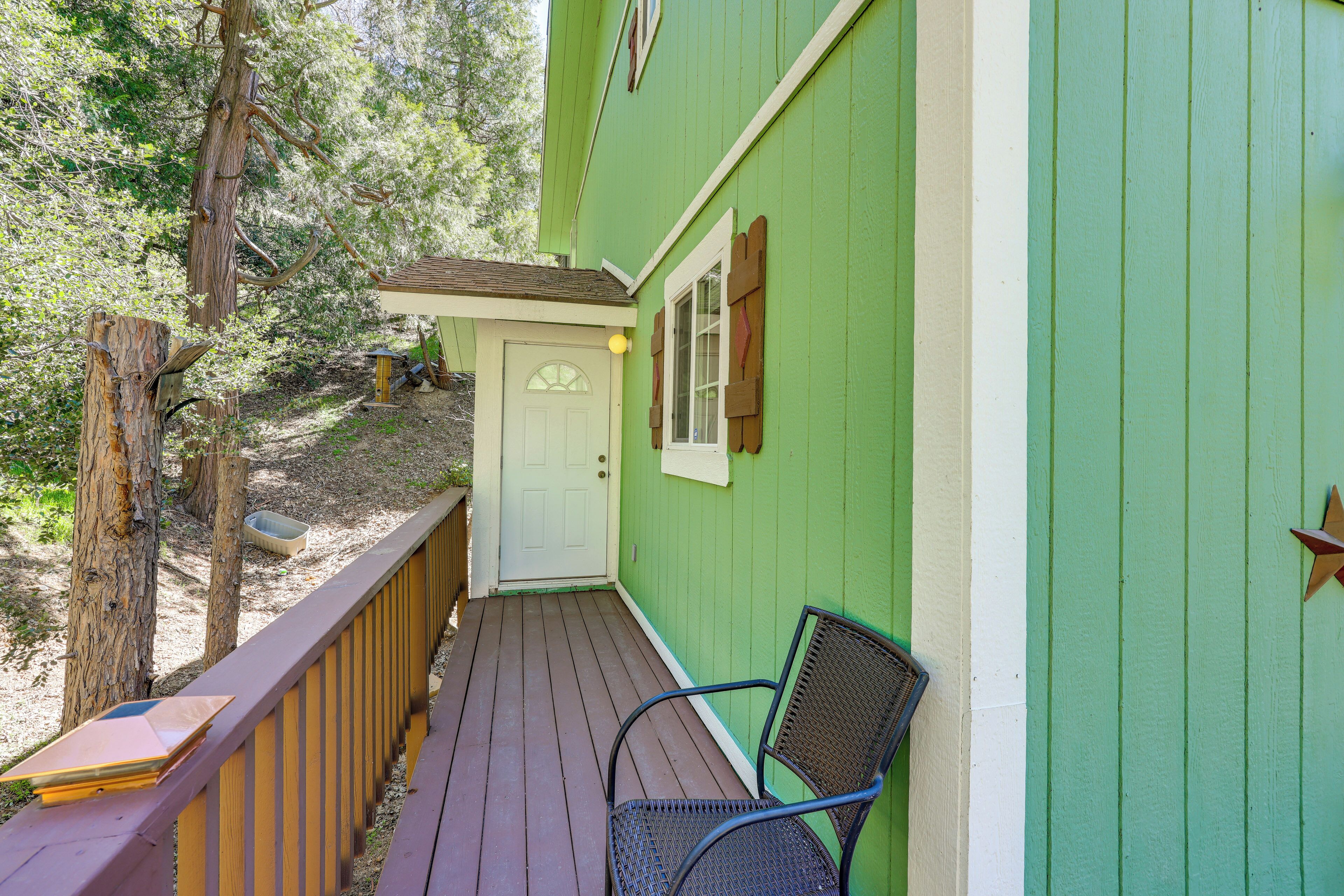 A green building with a wooden deck, a white door, and a bench.