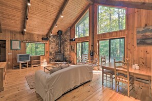 A cozy cabin interior with a stone fireplace, wooden walls, and large windows offering forest views. - Cabin w/ 3 Acres, Tennis Courts: By 4 Ski Mtns (Sandisfield)