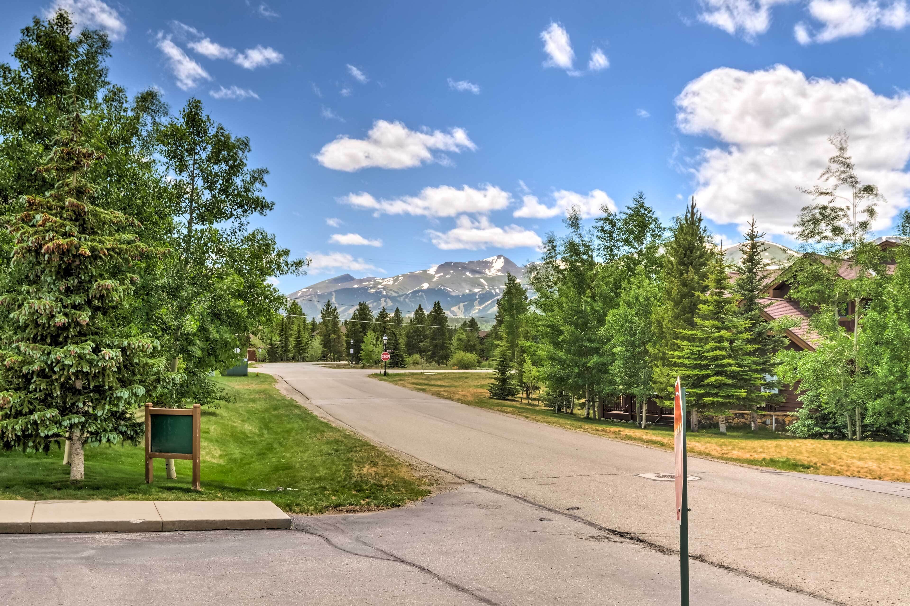 A road with a stop sign, surrounded by trees and a mountain range in the background.