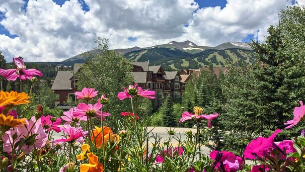 Ein Hotel vor dem Hintergrund von Bergen, umgeben von farbenprächtigen Blumen.