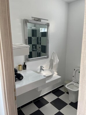 Hair dryer, towels, soap, shampoo