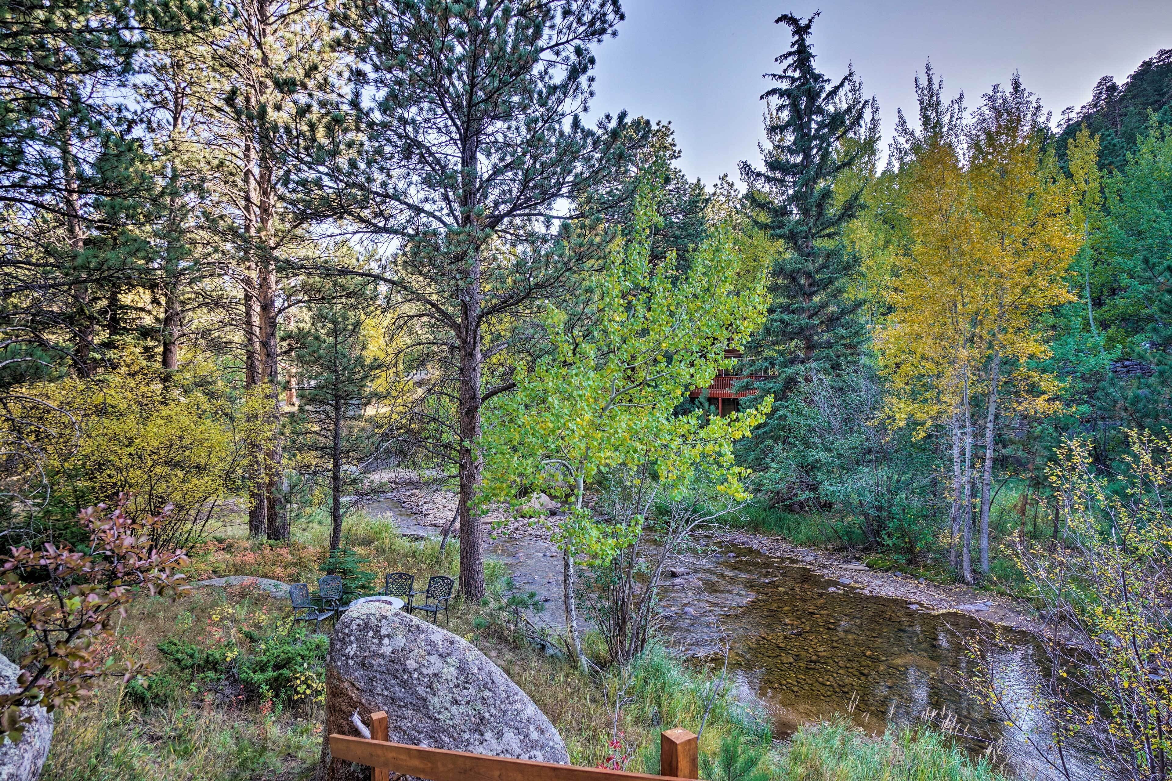 A natural landscape with a river, trees, and a wooden bench.
