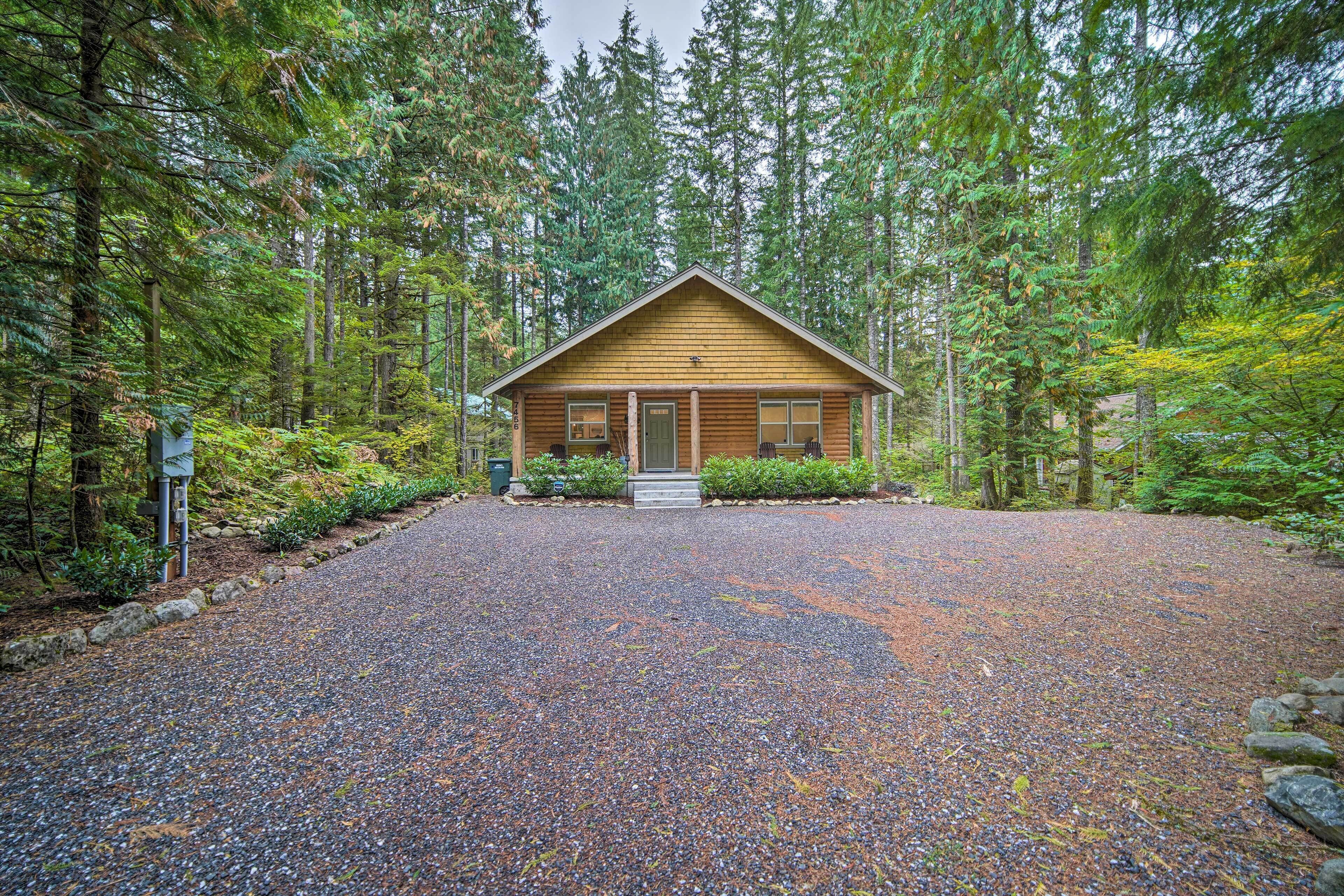A cabin with a gravel driveway, surrounded by dense forest.